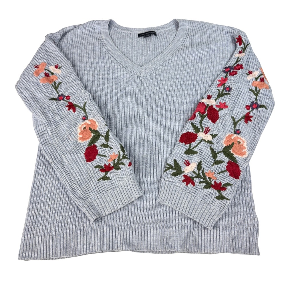 American Eagle Womens Small Sweater Blue Floral Embroidered V Neck Ribbed Knit